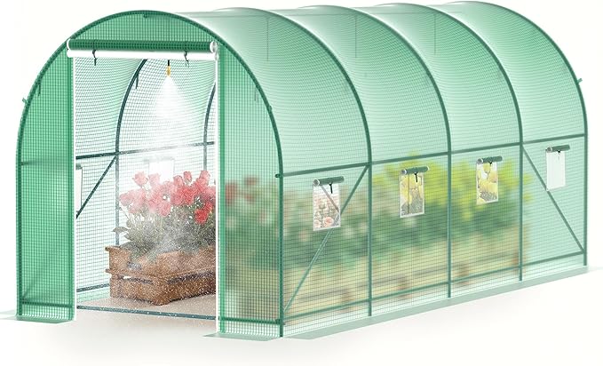 15x7x7 FT Walk-in Greenhouse for Outdoors w/ Watering System,8-Ventilated Screen Window Portable Greenhouse for Winter Plant Protection w/ 2-Zipper Door,PE Cover & Heavy Duty Frame