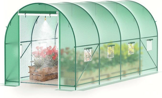 15x7x7 FT Walk-in Greenhouse for Outdoors w/ Watering System,8-Ventilated Screen Window Portable Greenhouse for Winter Plant Protection w/ 2-Zipper Door,PE Cover & Heavy Duty Frame