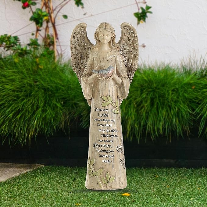 DUSVALLY Angel Statue, Memory Guardian Garden Decor, 10" H Waterproof Outdoor Angel Figurine Sculpture for Lawn & Yard (Praying, Holding The Bird)
