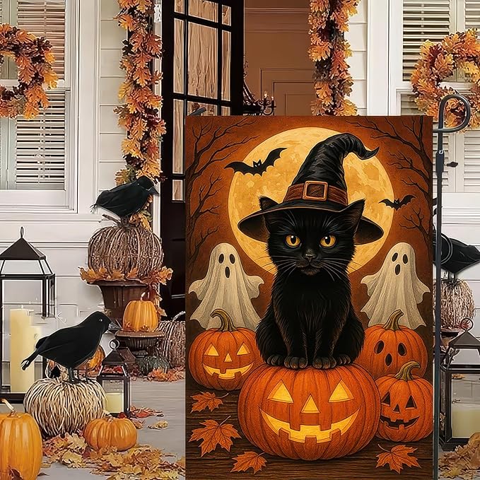 Garden Flags 12x18 Inch Halloween Black Cat Garden Flag Witch Hat Pumpkin Ghosts Double-Sided Spooky Fall Yard Decorations for Outdoor Porch Lawn Welcome Sign Holiday Banner