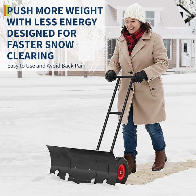 Large 40" W x 18" H Heavy Duty Snow Shovel with Wheels, Carbon Steel Blade w/Adjustable Angle & Height Ergonomic Handle for Easy Driveway & Pavement Clearing