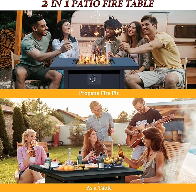 Vongrasig 28 Inch Gas Fire Pit, 50,000 BTU Propane Fire Pits for Outside, Steel Square Fire Table with Lid and Lava Rock, Patio Deck Garden Backyard