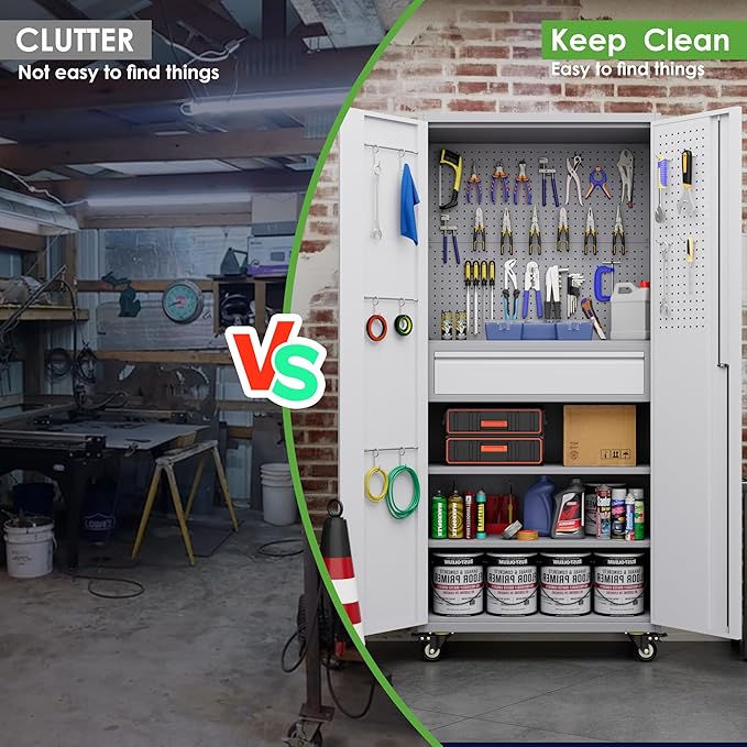 71" H Metal Garage Storage Cabinet with Wheels and Doors,Rolling Tool Cabinet with Pegboard,Rod and Drawer for Garage Warehouse Home,Required Assembly,Grey and White