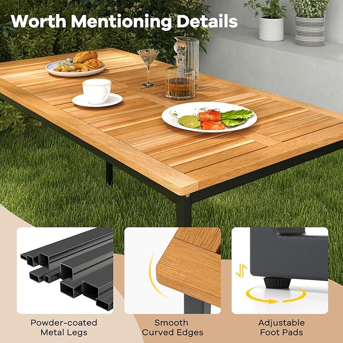 Tangkula 3 Pieces Outdoor Dining Set for 6 People, 55 inch Rectangle Patio Table & 2 Benches with Acacia Wood Tabletop, Metal Frame & Umbrella Hole, Dining Furniture for Yard, Garden, Poolside