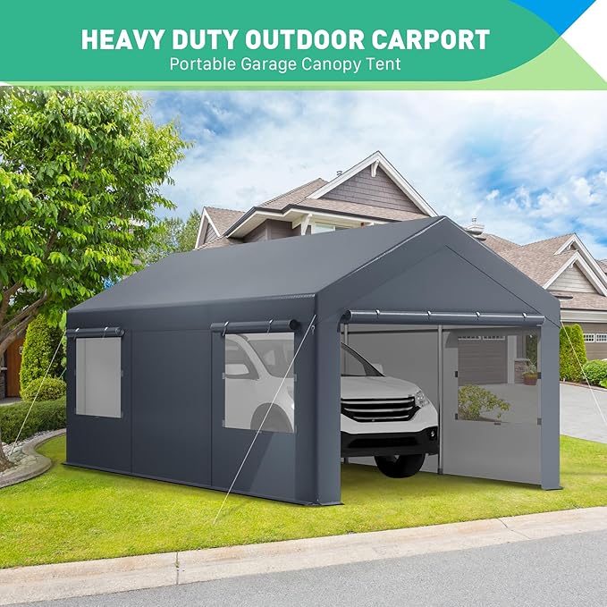 10x20 Ft Heavy Duty Carport, Portable Garage with Sidewalls, Doors, Ventilated Windows, Waterproof and UV Resistant Carport Canopy for Cars, Boats, Suvs, Gray