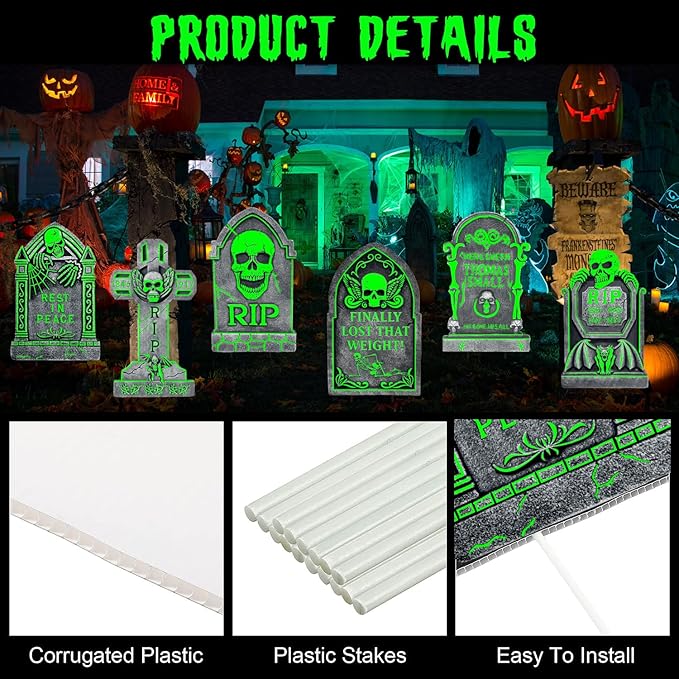 17”×10” Cemetery Halloween Tombstones Decorations, 6 Pack Glow in The Dark Tombstones for Outdoor, Light Up Halloween Gravestones, Scary Yard and Party Decor, Waterproof and Durable