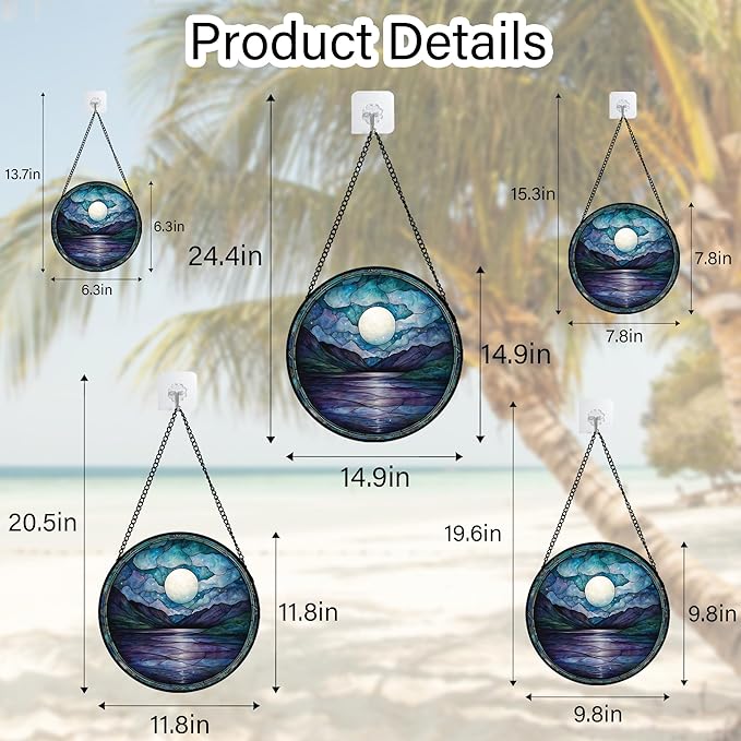 Stained Glass Window Hanging, Blue Night Moon Lake Sun Catchers Colorful Glass Panel Landscape Suncatcher Decor for Birthday for Women, Men, Wife, Aunt, and Mom 14.9x14.9 in