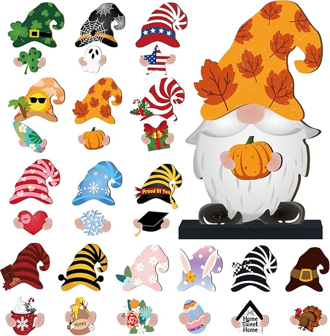 Blulu Interchangeable Wooden Gnome Decor DIY Holiday Seasonal Fall Gnomes Halloween Tiered Tray Decoration with Magnet Pieces Halloween Welcome Sign for Holiday Decorations(Fresh)