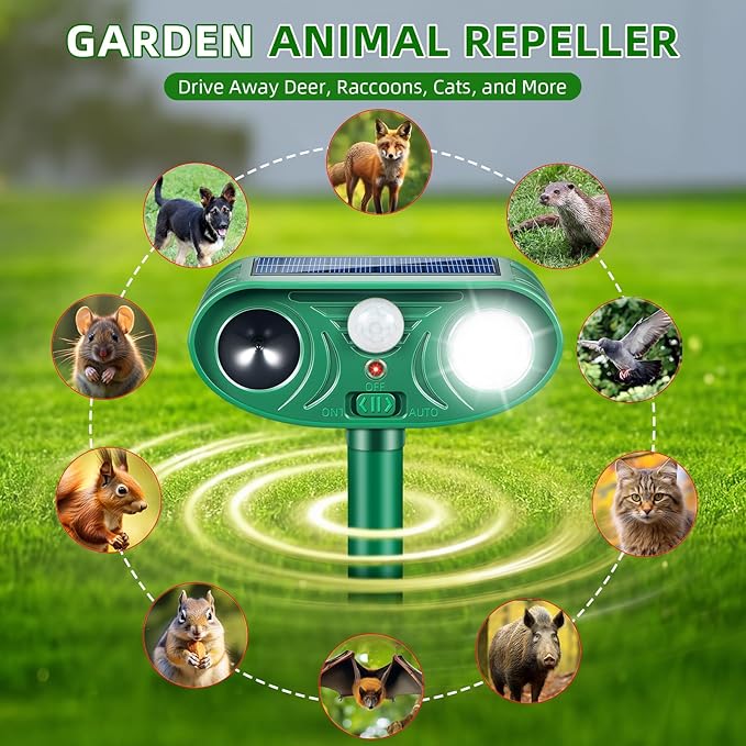 4 Pack Solar Ultrasonic Animal Repellent Outdoor Cat Rabbit Squirrel Dog Deer Repellent Devices Coyote Skunk Raccoon Fox Deterrents Light Animal Repeller with Motion Sensor for Yard Garden