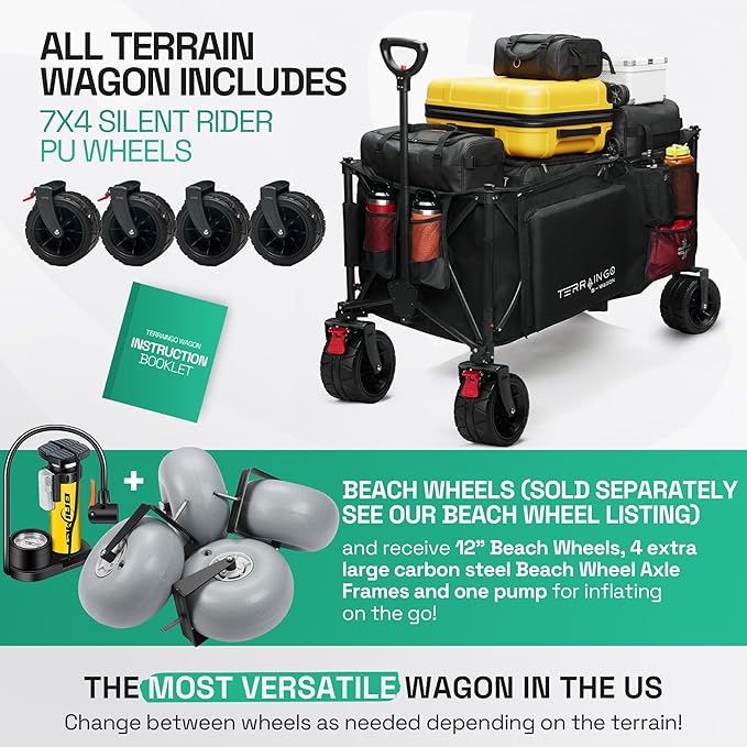 Foldable Beach Wagon Cart- Interchangeable All Terrain Wheels- 12" Beach Wheels Optional- Patent Pending- Gardening, Fishing, Shopping-Built-in Insulated Cooler Pouch, More Storage Pockets, Cupholders