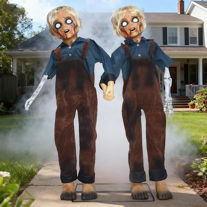 HOYECHI Animatronic Halloween Decorations Twin Boys 4.3ft – Scary Halloween Decorations for Yard, Motion & Sound Activated Outdoor Decor, Footstep & Touch Trigger