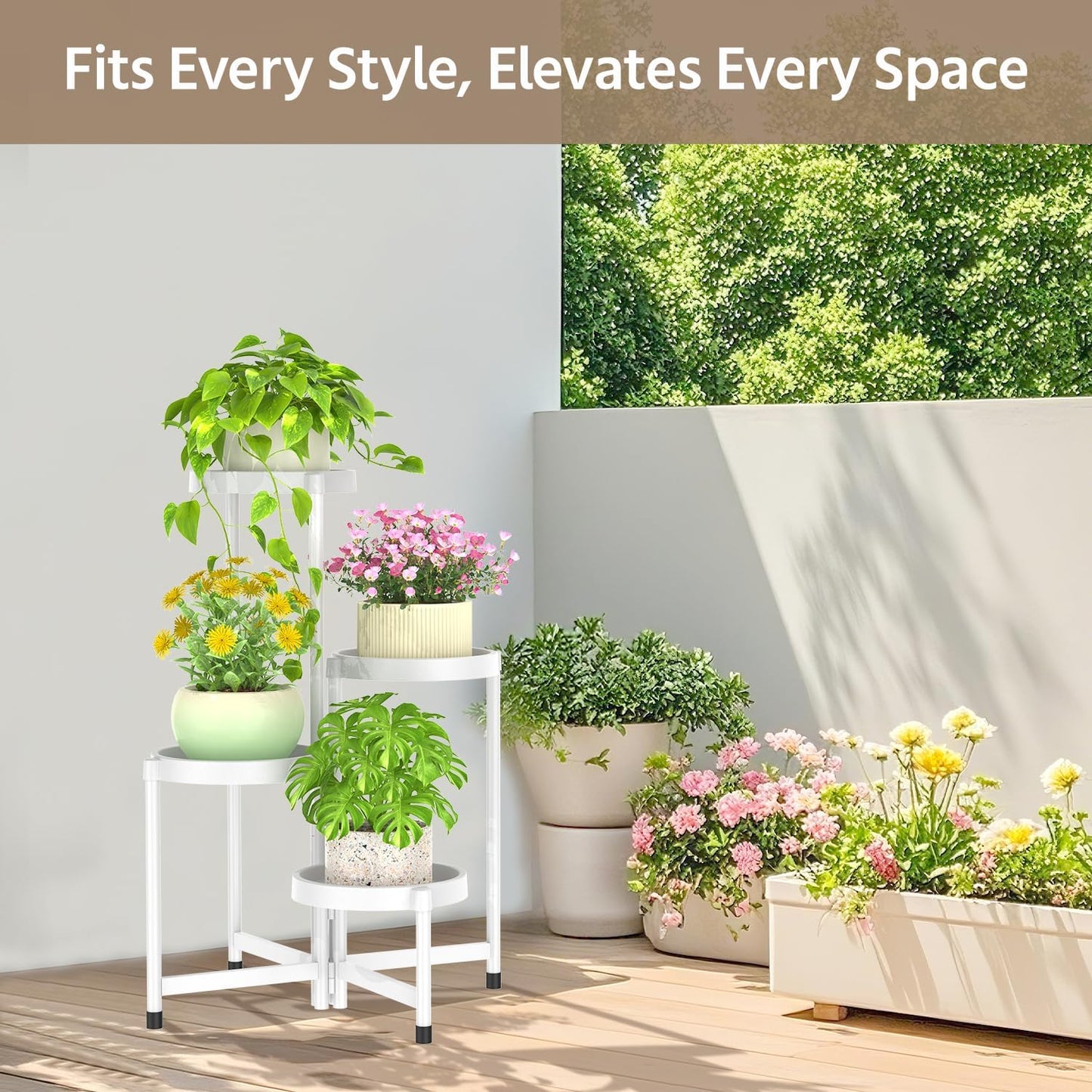 LASZOLA 4 Tiered Folding Plant Stand Indoor for Multiple Large Planter, Tall Heavy Duty Adjustable Rack with Rust Proof Plastic Shelving, Sturdy Vertical Tree Organizer for Narrow Inside Floor, White