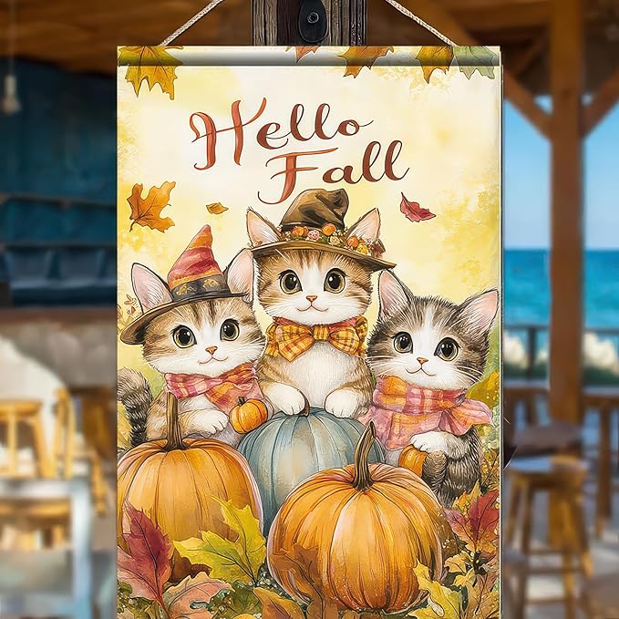 Fall Garden Flag 12x18 Inch Hello Fall Kitten Yard Banner Autumn Cat Outdoor Flag with Pumpkins and Leaves Double Sided Tabby Cat Seasonal Decor for Porch Lawn Thanksgiving