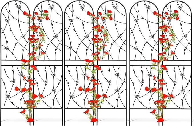 6 Pack Metal Garden Trellis 6FT Outdoor Garden Fence Rustproof Trellis for Climbing Plants Support Roses Flower Lawn Decoration, Black 71" Tall