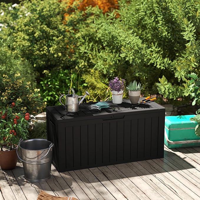 75 Gallon Waterproof Large Resin Deck Box Indoor/Outdoor Lockable Storage Container and Seating for Garden, Pool, and Patio (75 Gallon, Black)