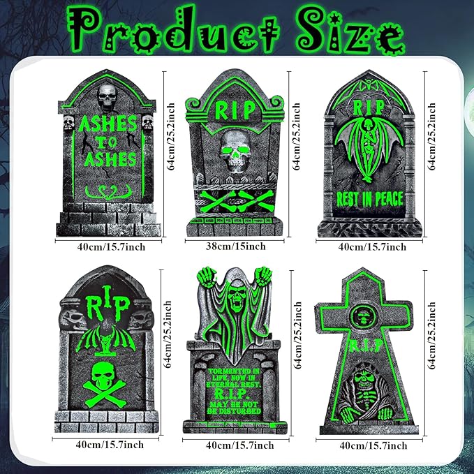 6Pcs Halloween Graveyard Decor, 16"x25" Glow in The Dark Tombstones for Outdoor Displays, Durable and Waterproof Gravestones, Light up Spooky Cemetery Decorations for Halloween