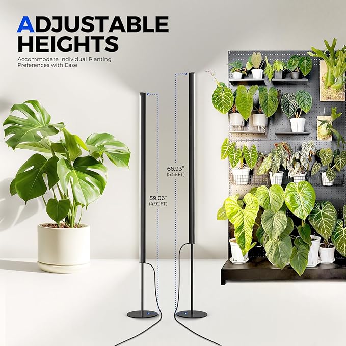 Barrina T1S Standing Grow Light for Indoor Plants with Timer, 65W 5000K High PPFD Full Spectrum, Tera Series Vertical Grow Lights Adjustable Height 5FT-5.6FT, Foot Switch, Non-Glare Design, Black
