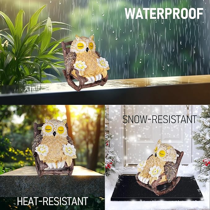 Solar-Powered Owl Statue on Chair, Cute LED Owl Figure for Home, Fireplace, Outdoor, 3x3x4 in