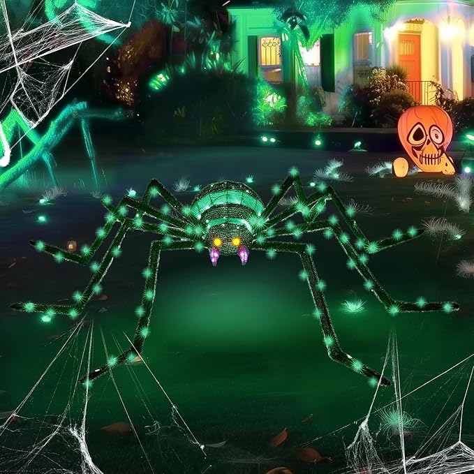6.8Ft Giant Spider Halloween Decorations Outdoor 82" Light Up Spider with 115 LED Lights for Front Yard, Porch, Garden, Lawn, Halloween Party (Green)