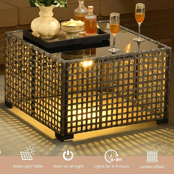 HOOOWOOO Outdoor Patio Furniture Set,9 Pieces Wicker Conversation Set,All Weather Couch Set with Fire Pit Solar Light Table Chairs Ottoman 9 Seaters for Out Door Yard(Denim Blue)