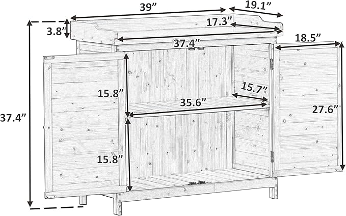 Merax Outdoor 39" Potting Bench Table, Rustic Garden Wood Workstation, Storage Cabinet with 2-Tier Shelves and Side Hook, Grey