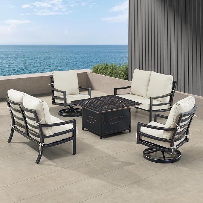 Oakland Living Black Aluminum Patio Fire Table Set with Two Deep Seating Loveseat with Cushions and Two Club Chairs with Light Grey Cushions