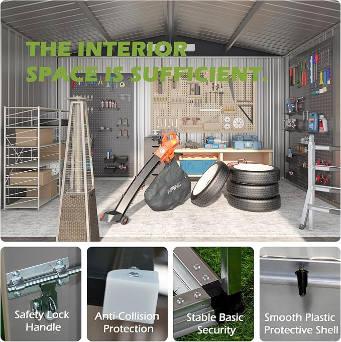 8×10 FT Metal Shed Outdoor with Peaked Roof, Weather Resistant Outdoor Storage Shed with Lockable Double Doors for Backyard, Patio Lawn, Garden