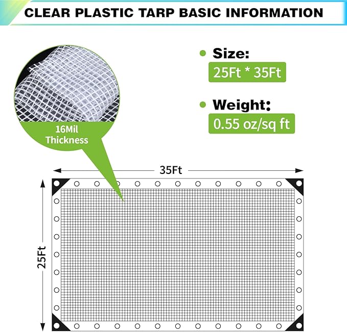 25Ft x 35Ft Clear Greenhouse Plastic Covering, 16Mil Thickness Heavy Duty Clear tarp for Chicken coop, Greenhouse Plastic sheeting with Hemmed Edges & preinstalled Grommets.