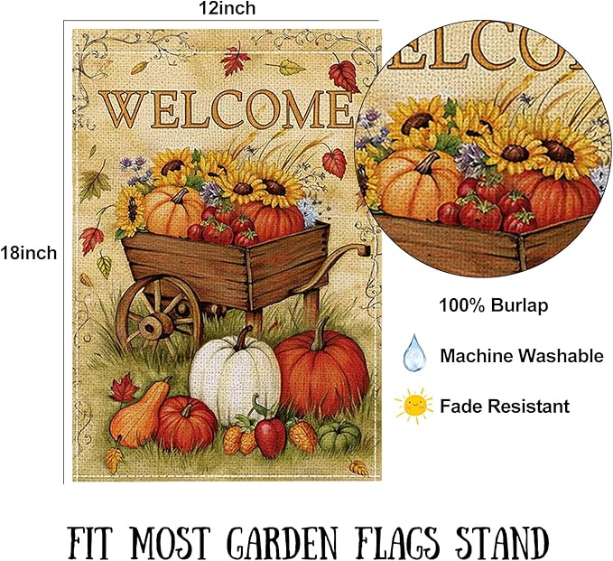 Fall Garden Flag 12 x 18 Inch Double Sided Welcome Pumpkin Sunflower Maple Leaves Farm Designs Autumn Burlap Yard Flag for Outside Rustic Yard Outdoor Holiday Home Decoration