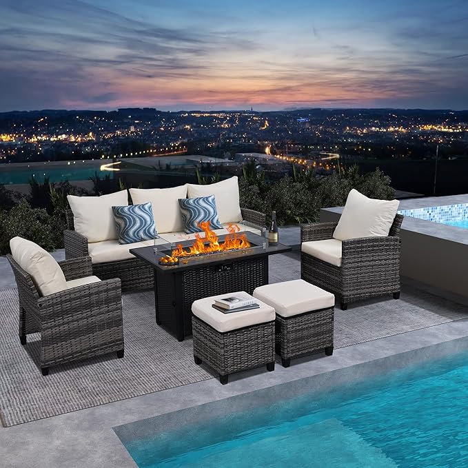 43'' Gas Fire Pit Table, Outdoor Rectangle Fire Pit Table with Cover, Glass Wind Guard & Glass Rock, 60000 BTU Stainless Steel H-Burner Fire Pit Tables for Outside Patio Backyard Garden (Rectangle)