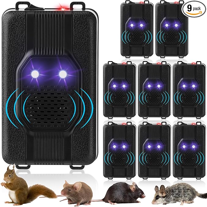 Qualirey 9 Pcs Under Hood Rodent Car Repeller Battery Operated Ultra Sonic Rat Rodent Electronic Repellent with Strobe Light Pest Car Prevention Keep Animal Mice Out of Engines Garage