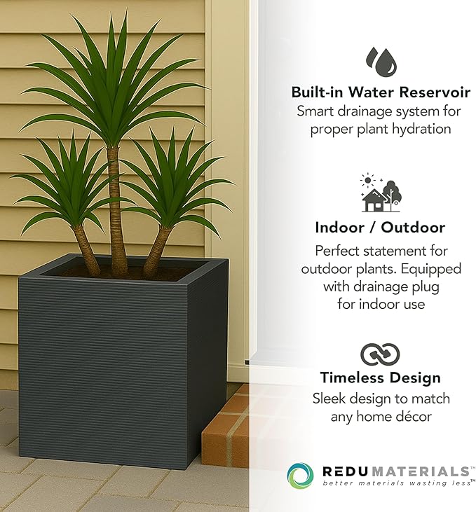 Tierra Verde Indoor & Outdoor Self-Watering Square Planter, Citadel Horizon, 13.5" x 14", Black - Planting Containers for Plants and Flowers - Gardening and Landscaping Accessories