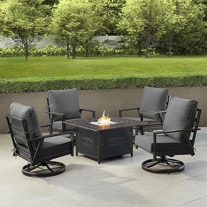 Oakland Living Black Aluminum Patio Fire Table Set with Four Club Chairs with Black Cushions