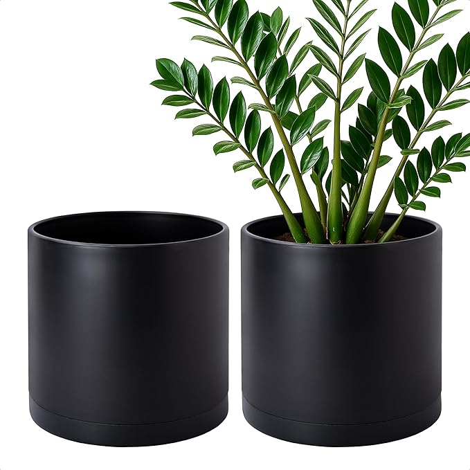 D'vine Dev 2 Pack 10 Inch Modern Plastic Plant Pots, Cylindrical Garden Planters for Plants with Drainage Holes and Saucers, Black, 74-Y-N-1