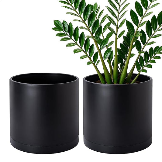 D'vine Dev 2 Pack 10 Inch Modern Plastic Plant Pots, Cylindrical Garden Planters for Plants with Drainage Holes and Saucers, Black, 74-Y-N-1