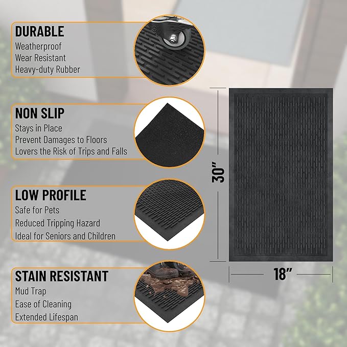 Ottomanson Easy Clean, Waterproof Non-Slip Indoor/Outdoor Rubber Doormat, 18" x 30", Black