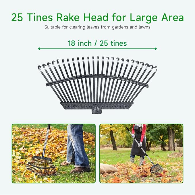 Rake for Leaves Heavy Duty 72 Inch Long Expandable Leaf Rake, 18 Inch Wide Garden Rakes with 25 Reinforced Tines and Stainless Steel Handle for Lawn, Yard, Leaf Cleanup