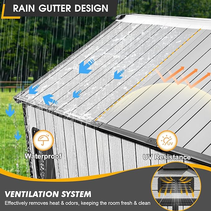 8 x 12 FT Resin Garden Storage Shed, All-Weather Plastic Outdoor Shed with Floor, Lockable Doors & Windows, Plastic Tool Shed for Poolside, Backyard, Patio