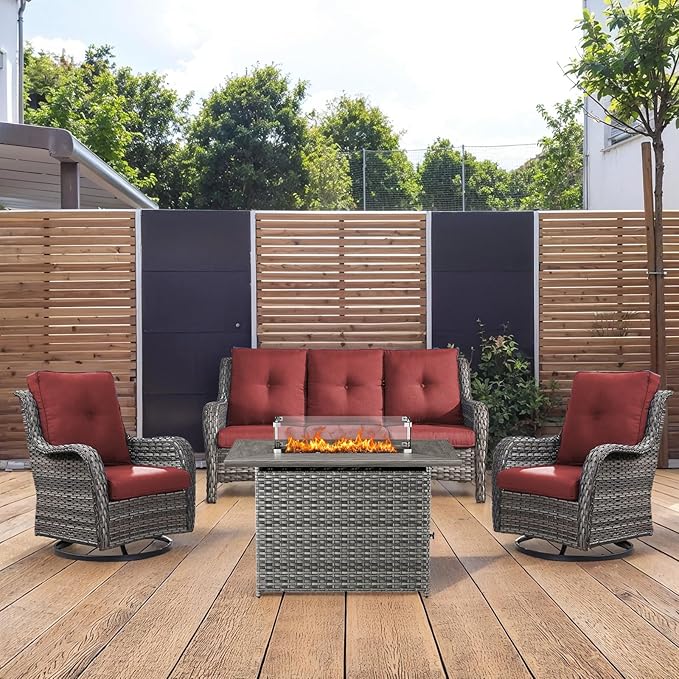 4 Piece Patio Furniture-with 50,000 BTU Gas Propane Fire Pit Table Outdoor Patio Furniture with Swivel Rocker Chairs,Outdoor Couch