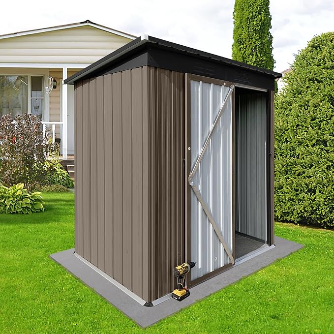 5x4 FT Metal Outdoor Storage Shed,Lockable Garden Tool Sheds with Pitched Roof and Shutter Vents,Practical Weatherproof House for Backyard Lawn,Brown+Black