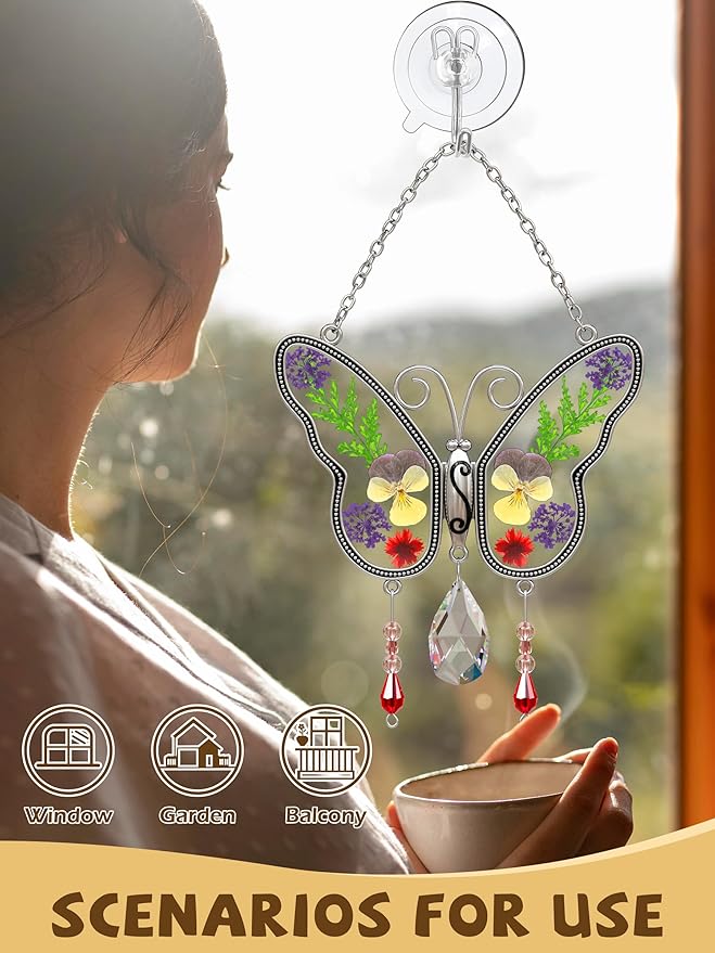 KY&BOSAM Gifts for Mom Family Friends Crystal Butterfly Suncatchers Stained Glass for Windows Wind Chimes Real Flower Colorful Crystal Outdoor for Garden Indoor Home Trees Patio Yard Porch Decor
