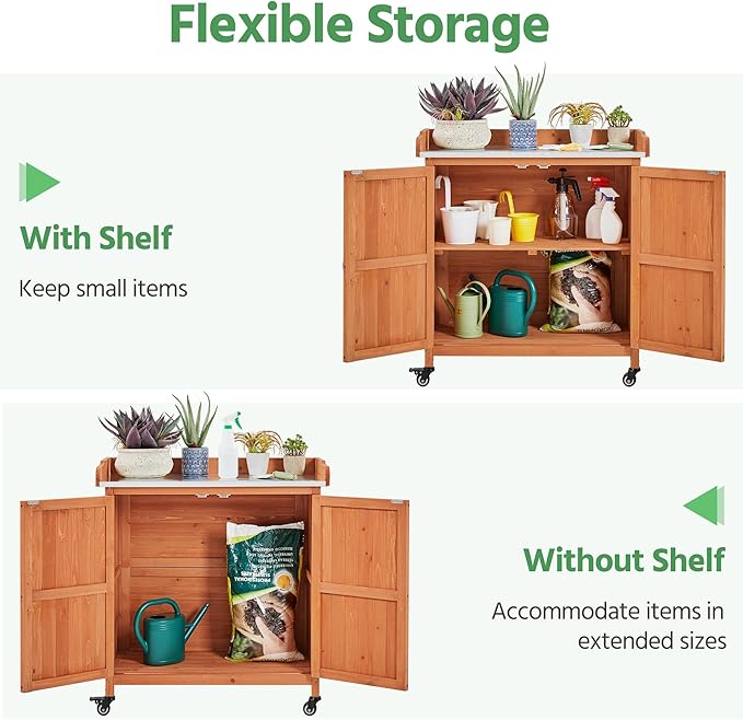 Yaheetech Garden Potting Bench Table - Outdoor Garden Patio Wooden Storage Cabinet & Solid Wood Planting Work Bench with Large Space Storage & Metal-Plated Tabletop, Brown