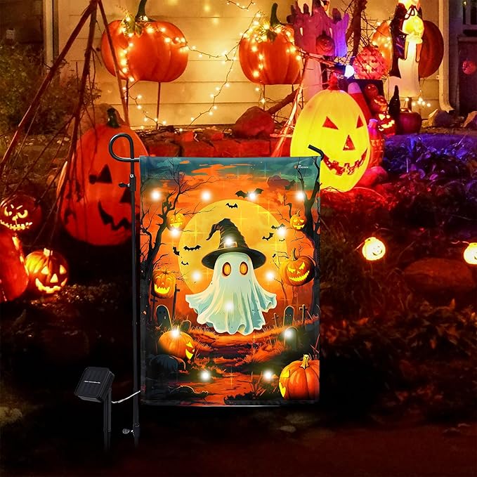 FLAGWIX Halloween Garden Flag - Solar Flag Light for Garden Decor 11.5"x17.5" - Fall Garden Flags for Halloween Decorations, Yard Flags for Fall Outdoor Decor, Outside Decorations for Yard