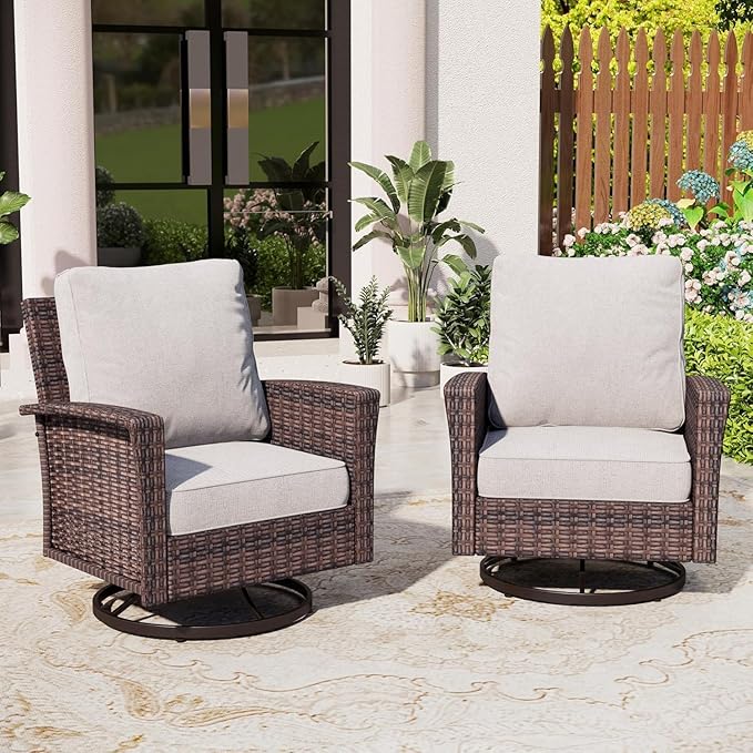 Patio Furniture Set of 2, Rattan Wicker Swivel Chairs with 5.5" Thick Cushions and 35" High Back, Oversized Outside Chairs for Balcony Porch Deck, Grey