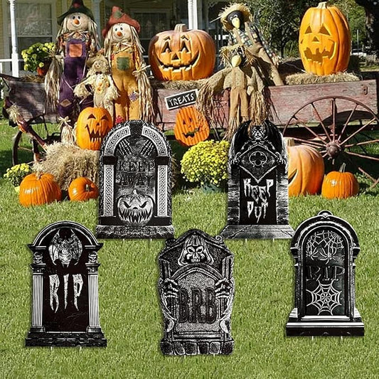 15.5“x23.6 Large Halloween Tombstones Outdoor Decor: Devil, Pumpkin, Bat, Spider, 5pcs Waterproof Safe Material Yard Signs, Halloween Gravestones for Home, Party, Cemetery Decor
