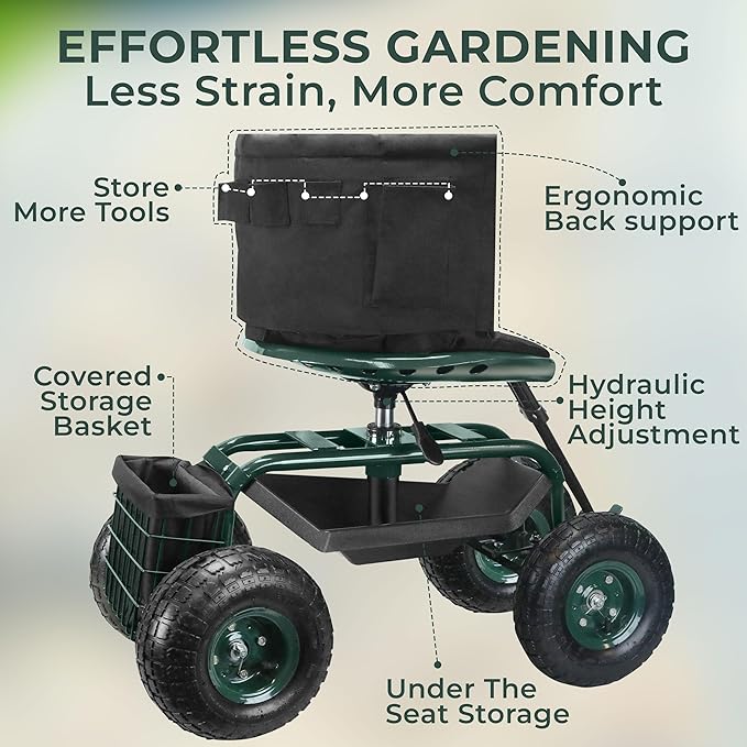 Garden Seat with Wheels – Adjustable 360° Swivel Gardening Stool with Hydraulic Height Adjustment, Ergonomic Backrest, and Tool Storage – Rolling Stool for Garden, Yard, and Outdoor Use