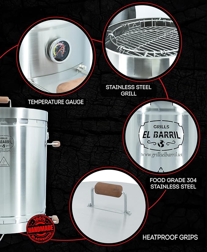 EL BARRIL 60lbs Grill & Smoker Barrel, Stainless Steel Charcoal Smoker Grill – Portable Outdoor Smokers with Even Heat Distribution & Grilling Accessories