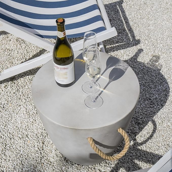 COSIEST Outdoor Shaped Side Table with Concrete Top & Hemp Rope Handles, 17'' Patio Accent Table for Garden