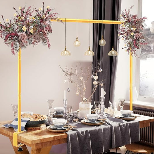 Over The Table Rod Stand with Clamps Adjustable 31-110 in Length 31-64 in Height Gold Table Balloon Arch Hanging Stand with Storage Bag for Halloween Christmas Wedding Birthday Party Decoration