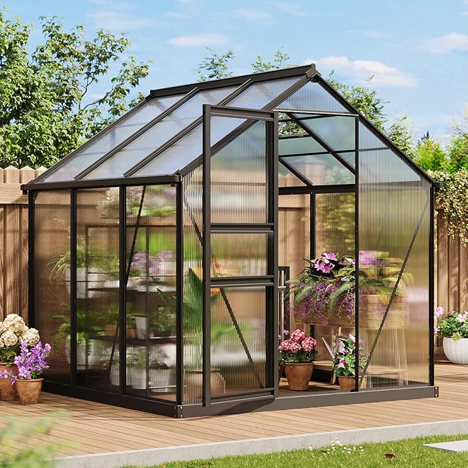 Greenhouse, 6×6FT Greenhouses for Outside, Polycarbonate Greenhouse with Aluminum Frame, Lockable Door and Ajustable Roof Vent for Backyard, Green Houses for Outside Garden Backyard, Patio